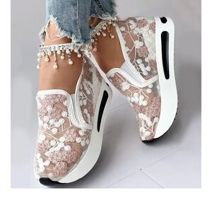 Elegant Floral Lace Slip-On Wedge Sneakers